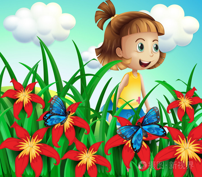 一个小女孩在花园的花与蝴蝶