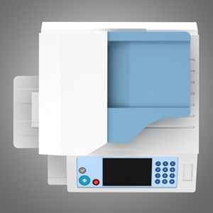 功能视图现代办公多功能打印机上灰色孤立的顶视图照片