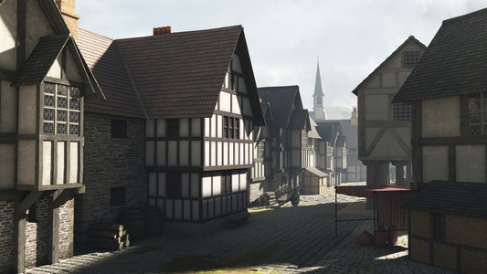 在一个中世纪小镇街道场景