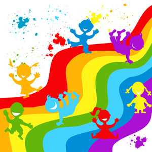 手被淹死的儿童剪影在彩虹的颜色