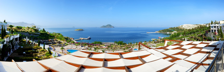 在豪华的酒店 博德鲁姆 土耳其海滩的全景