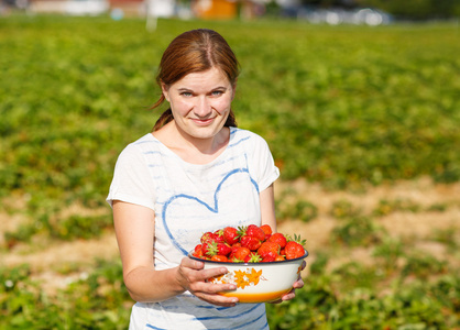 年轻的女子在有机草莓农场