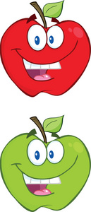 红色和绿色苹果卡通人物。集合