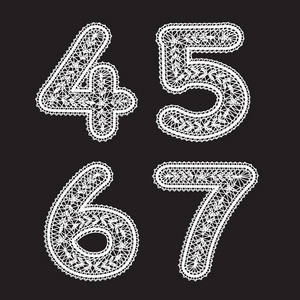 数字 4，5。与白色花边编写 6 和 7。标签花边字体