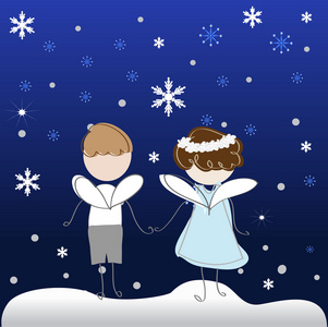 personretro期待着雪花的两个天使照片