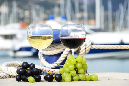 双个酒杯和葡萄对游艇码头的 la spez