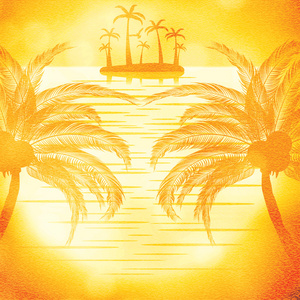 在海滩和棕榈树的日落美景的插图