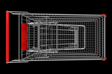 顶视图的孤立在黑色背景上的空购物车