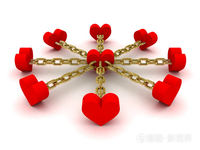 八个心相连的中心的一颗心概念3d图