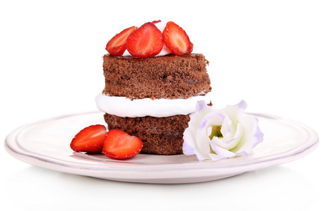 孤立在白色草莓与巧克力蛋糕