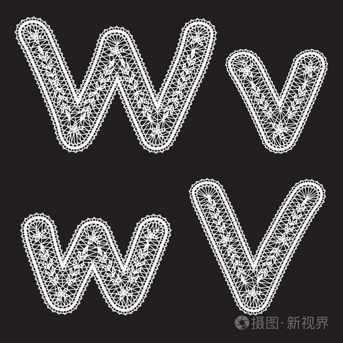 大写和小写字母w和v由白色花边编写的花边类型字体的铭文
