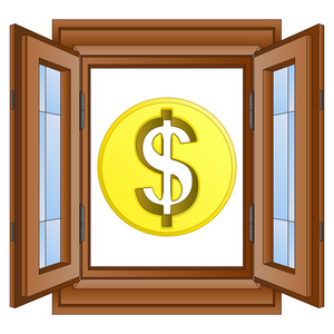 金美国美元硬币在窗口框架矢量