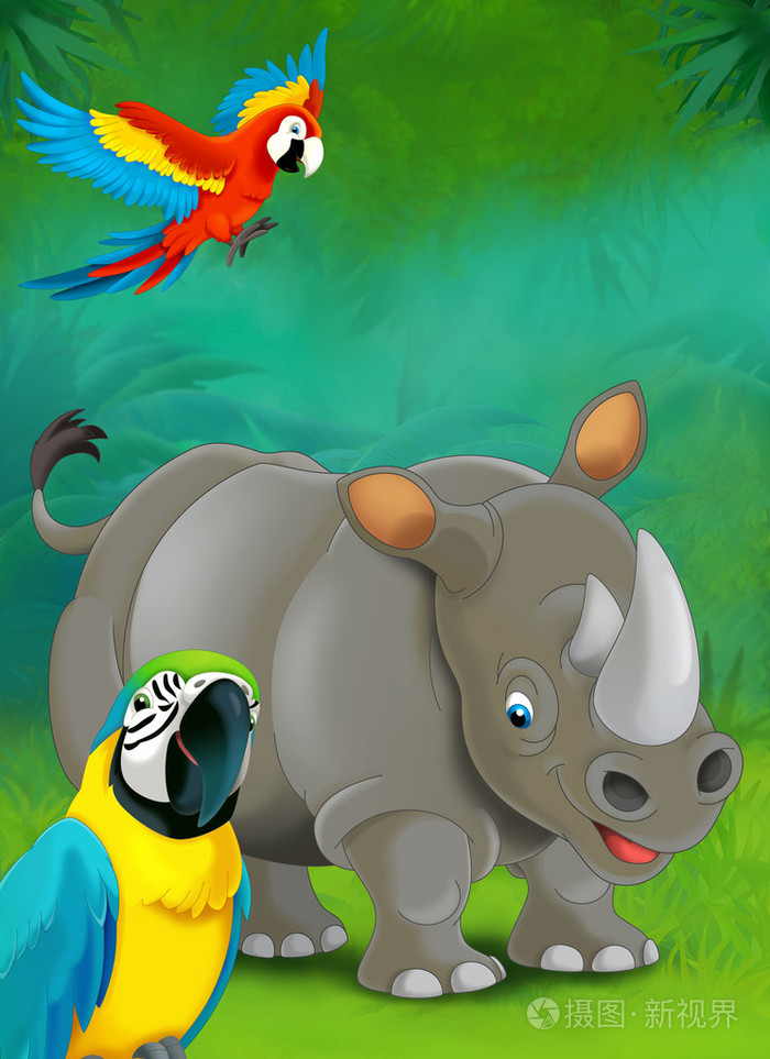 卡通热带或safari犀牛和鹦鹉