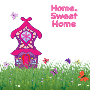 温馨的家。在用鲜花和蝴蝶在白色背景上的绿色草地上的童话房子