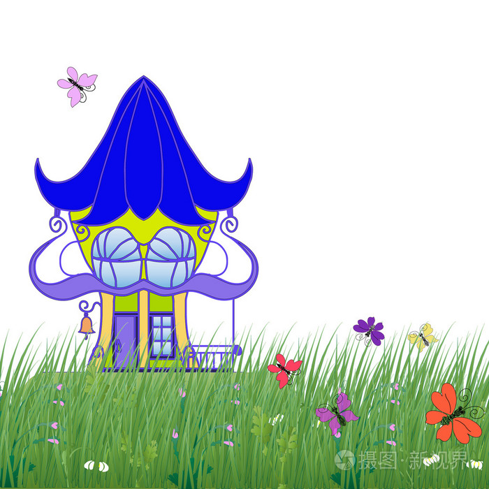 在用鲜花和蝴蝶在白色背景上的绿色草地上的童话房子