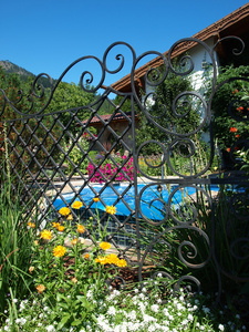 翻阅到游泳池和花园的金属栅栏图片