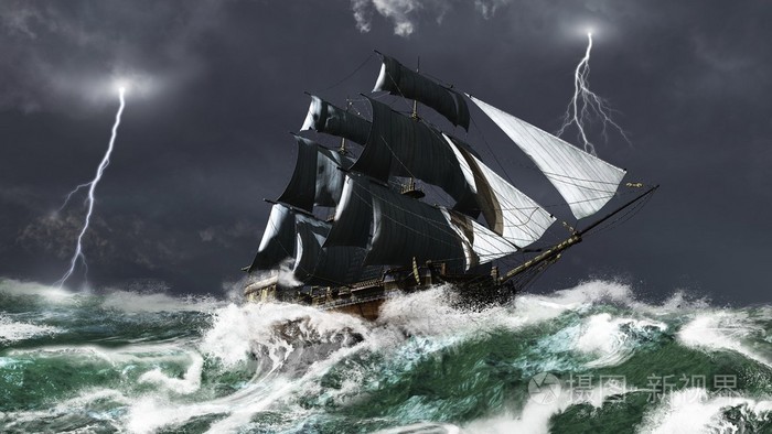 在闪电的暴风雨中的帆船