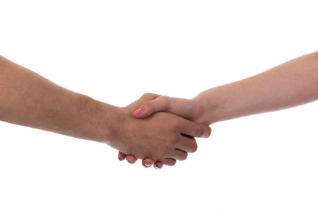 男人和女人握手 孤立在白色