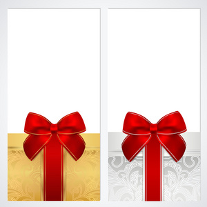凭证 礼券 优惠券模板与礼品盒 弓 丝带，本。背景设计的邀请，横幅。在红色 金色的颜色矢量