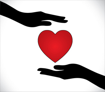 心照顾或心脏保护或爱保护概念图 两个手的轮廓保护美丽的红色心在中间与明亮的白色背景