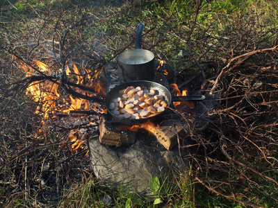 煎锅和一锅在火上