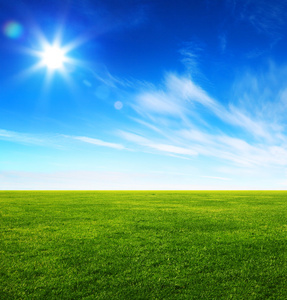 明亮的蓝天和绿草领域的形象
