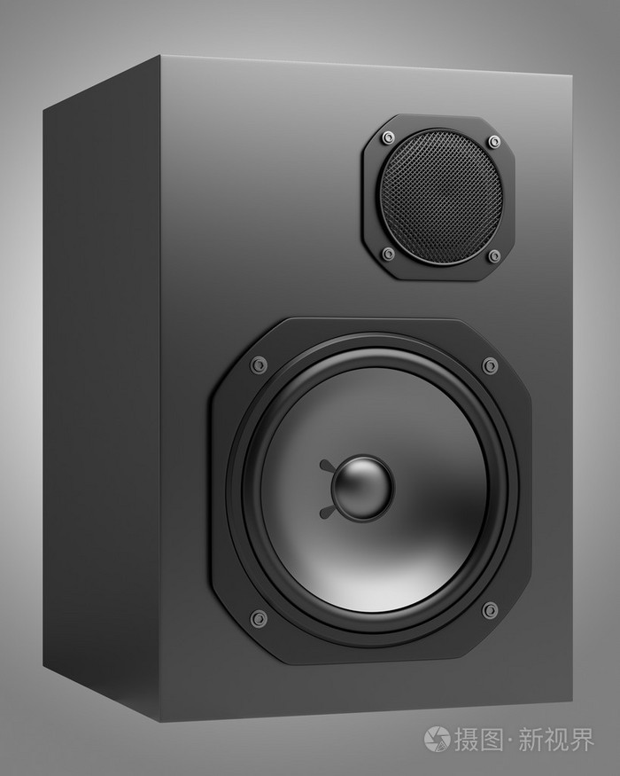灰色背景上孤立的单个黑色音频扬声器