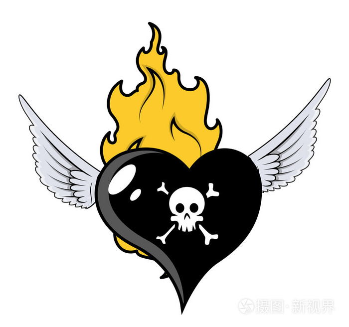 燃烧和飞行黑色心脏-矢量卡通插画