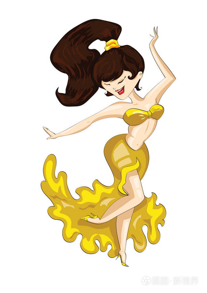 美丽的姑娘上孤立的白色背景在明亮的黄色裙子跳舞肚皮舞的轮廓