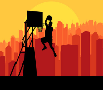 篮球运动员临城市日落矢量背景浓