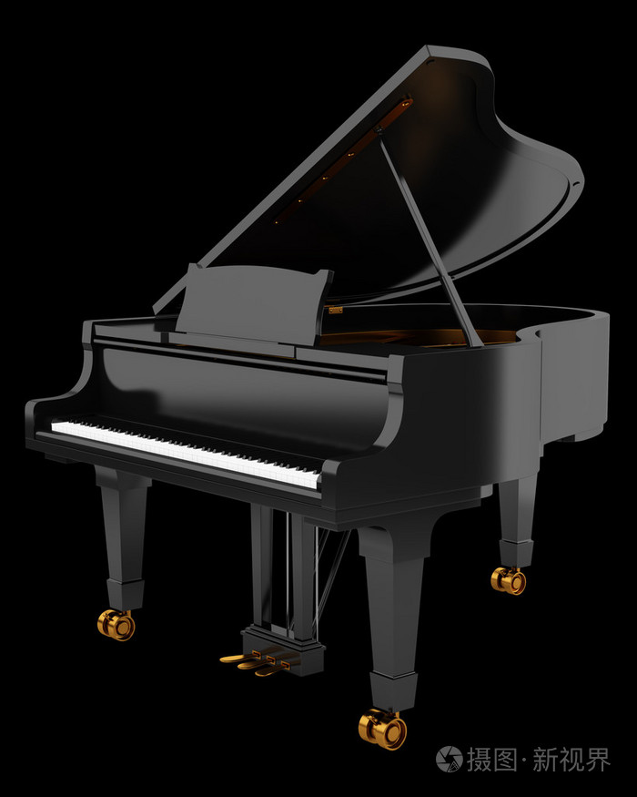 孤立在黑色背景上的黑色大钢琴