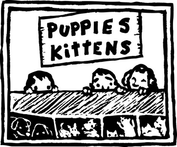 孩子们在小狗和小猫宠物商店窗户的木刻插图