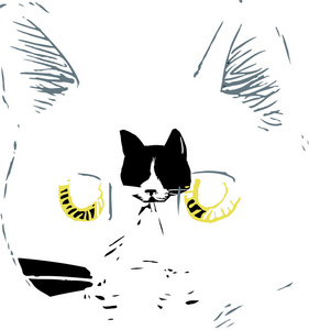 黑色和白色猫脸的木刻插图
