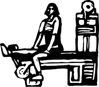 女人使用的锻炼机器的木刻插图