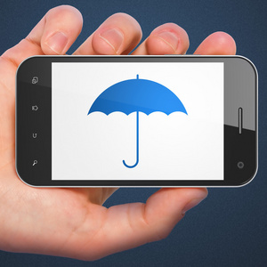 安全概念 在智能手机上的雨伞