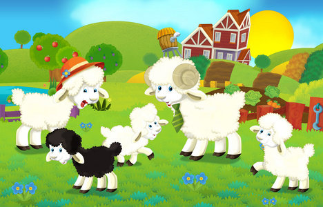 与羊家庭农场上的卡通插图