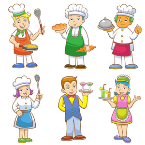 孩子厨师和烹饪的一组漫画