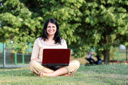 快乐的女孩坐在草地上的便携式计算机