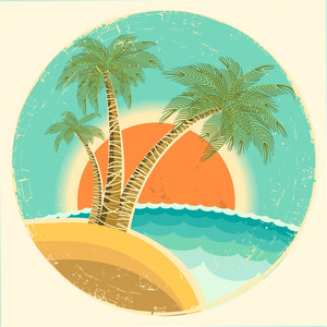 复古异域热带岛屿与棕榈树和上一轮象征太阳