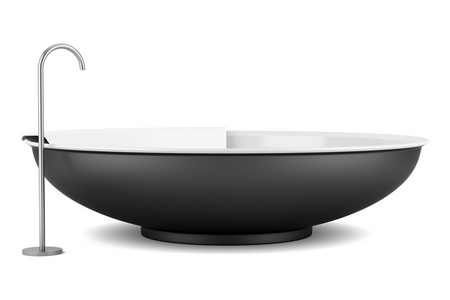 在白色背景上孤立的现代黑色圆浴缸