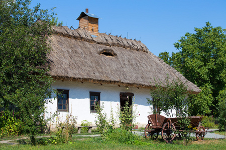 在夏天在 pirogovo 博物馆，基辅，乌克兰采取在公园的木房子