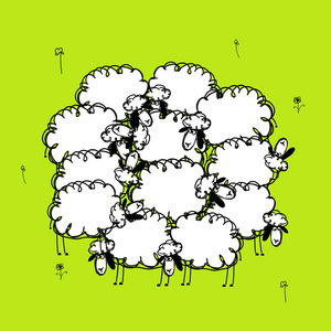 搞笑羊在草地上，为您的设计草图