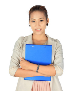 年轻商业女人拥有一个蓝色文件夹