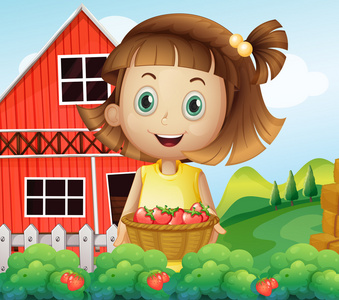 在草莓农场收获一个女孩