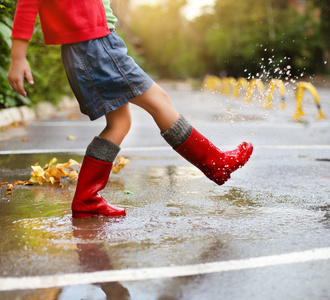 儿童穿红色雨靴跳进水坑