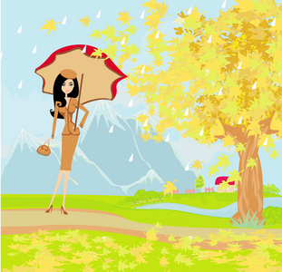 在多雨的秋天天伞的女孩