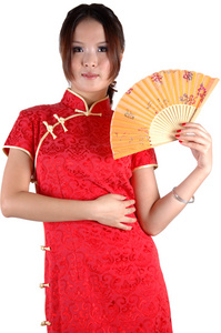 中国的女孩穿着传统时用的风扇图片