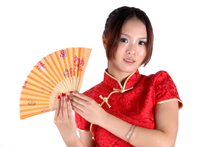 中国的女孩穿着传统时用的风扇