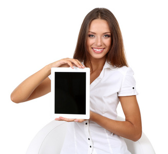 美丽的年轻商业女人与平板电脑上白色隔离
