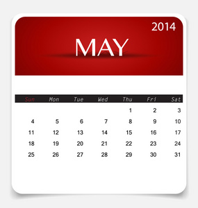 简单的 2014年日历，5 月。矢量插画